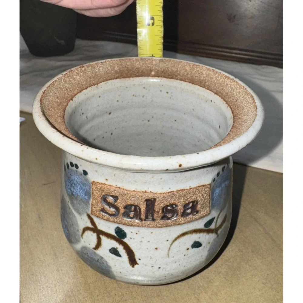 Hand Made Pottery Salsa Bowl signed Blue Gray‎ Brown 4.25